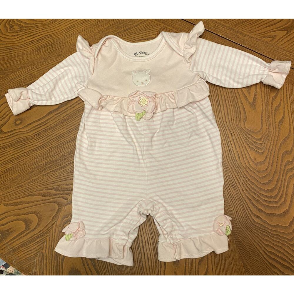 BUNNIES by the BAY Girls Outfit One Piece Size 6-9 M PINK Stripes Ruffles Easter